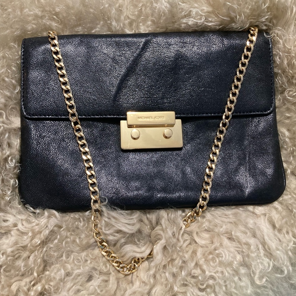 Michael Kors Black Leather Clutch with Gold Chain